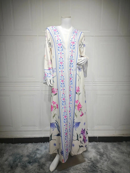 Eid Frauen Abaya Blume Drucken Offene Strickjacke Schal Party Kleid Muslimischen Langarm Jalabiya Ramadan Abayas Kaftan Arabischen Lange Robe.