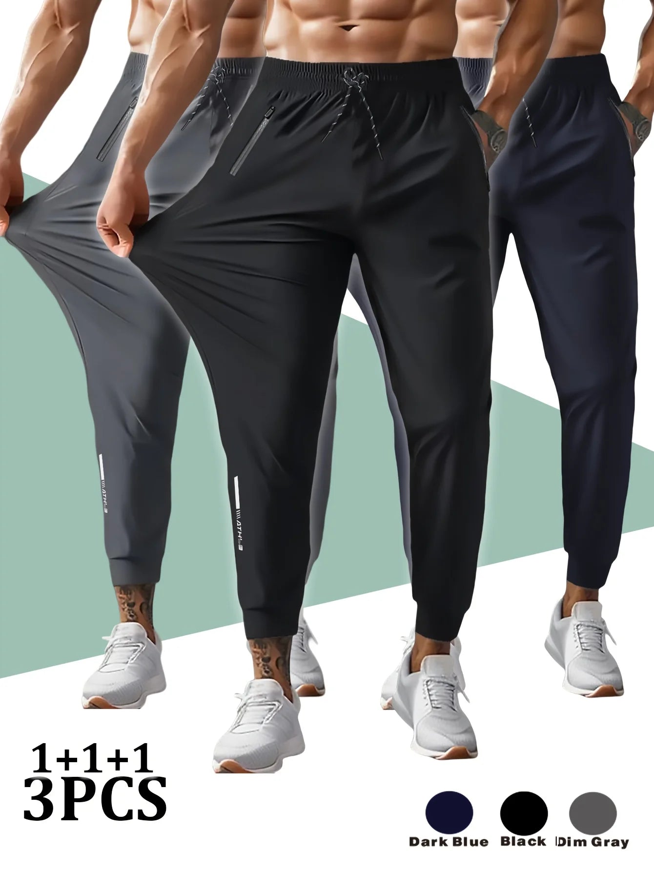 3 Pack Mens Jogger Pants Zipper Ankle Cuff Slim Fit Stretch Casual Running Lounge Sweatpants Trousers for Gym Workout Training.