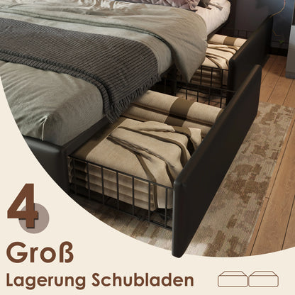 KOMHTOM Polsterbett PU - LED-Beleuchtungsleiste, 4 Schubladen, höhenverstellbares Kopfteil, ohne Matratze