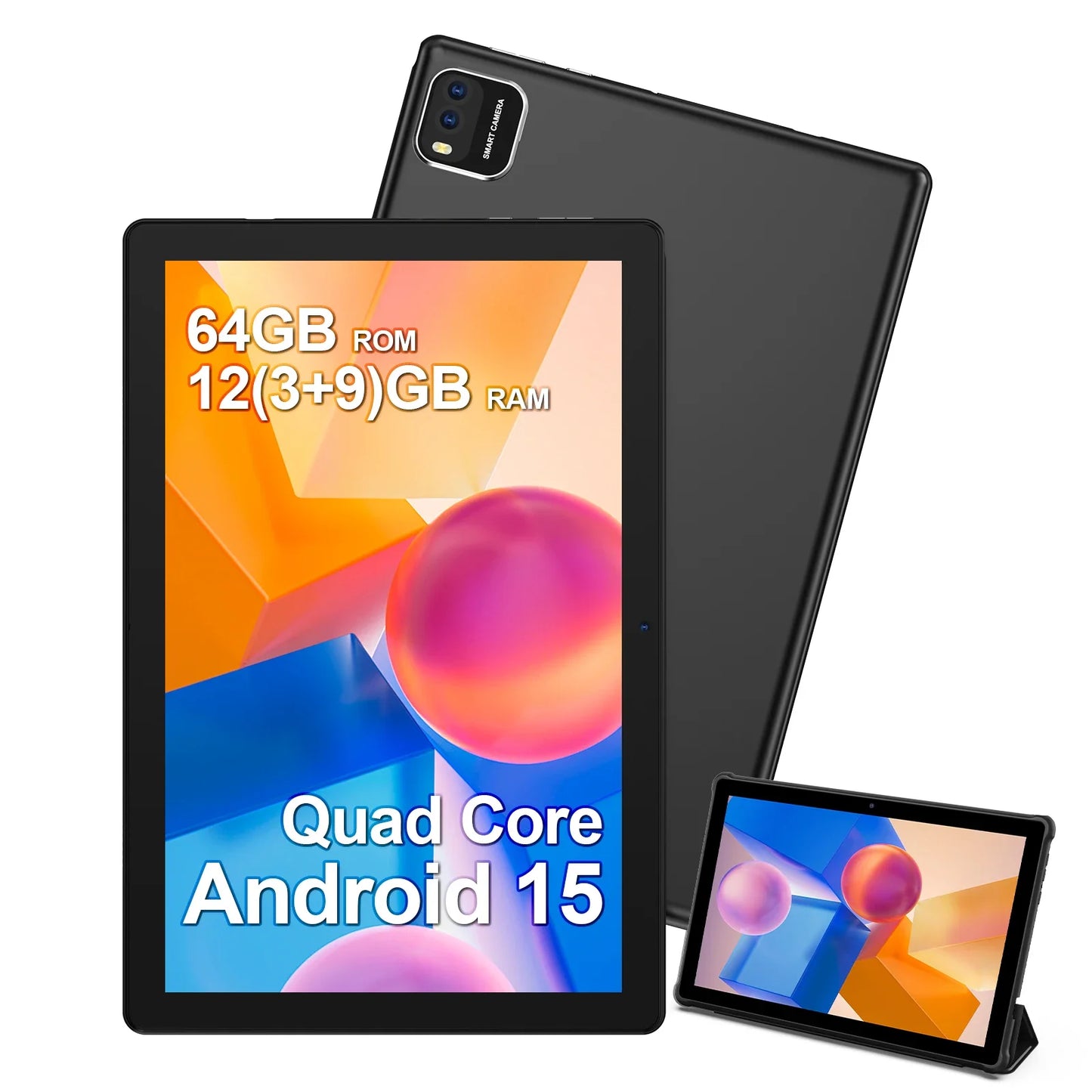 BAKEN Android 15 tablet, 10-inch, 12 (3+9)GB RAM + 64GB ROM, quad-core, 6000mAh battery, includes a free protective case.