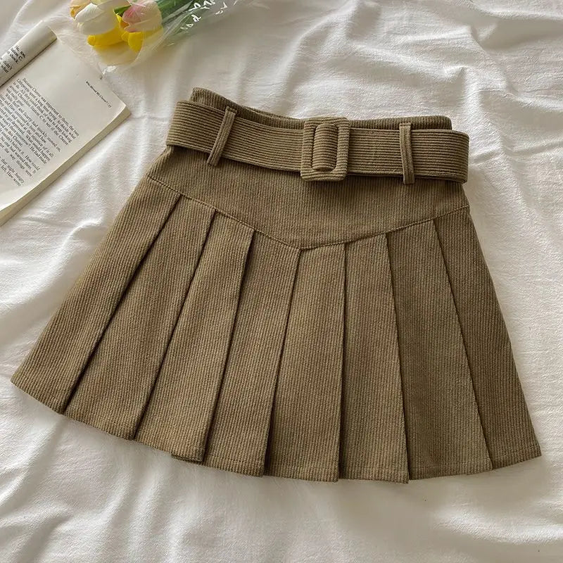 Pleated Mini Skirts Women Japan Students Corduroy Preppy Style Autumn Winter Basic Solid Bottoms Chic Vintage JK Slim All-match