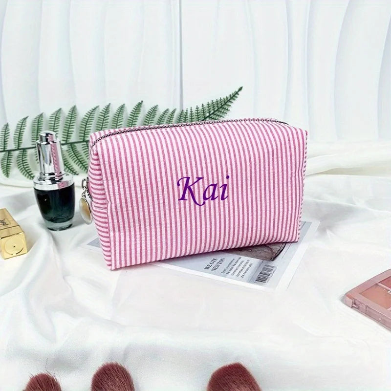 Custom Embroidered Striped Travel Toiletry Bag - Personalized Cosmetic Portable Polyester Storage for Travel School Dorm or Home.