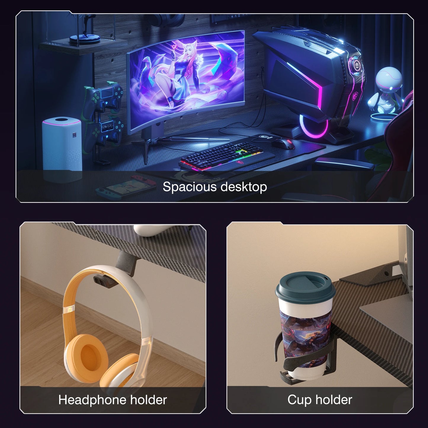 Höhen verstellbarer Gaming-Schreibtisch Stehpult, großer Gaming-Computer-Schreibtisch mit RGB-LED-Leuchten für Spiele und Home Office, schwarz