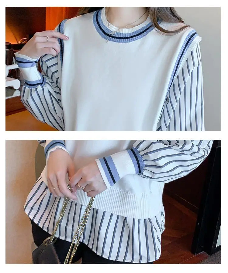 Autumn Preppy Style Patchwork O-neck Fake Two Pieces Top Tee Female Casual Striped Long Sleeve Sweatshirts Women Clothes Tshirt.