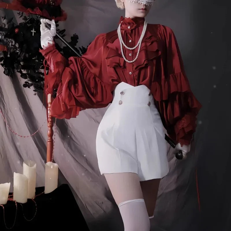 Lolita Y2k Gothic Dark Academia Clothes Loose Long Sleeve Shirt Women Y2k Stand Collar Ruffles Patchwork Blusas De Mujer.