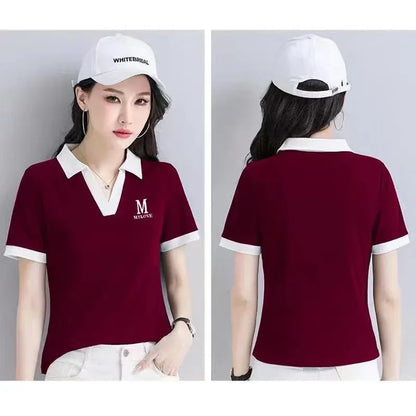 Loose Fit Women's Short Sleeve Polo Neck T-Shirt Summer Slimming Fashionable Top Quality Pure Color Cross-Border Independent.