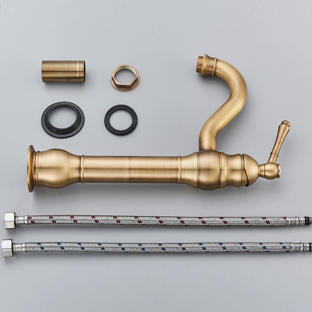 Antique Brass Basin Vessel Sink Faucet Deck Mounted One Hole Cold Hot Water Cold Hot Mixer Tap Bathroom Faucet