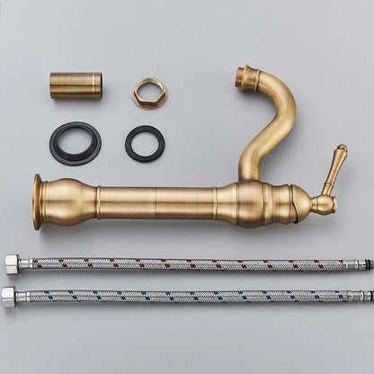 Antique Brass Basin Vessel Sink Faucet Deck Mounted One Hole Cold Hot Water Cold Hot Mixer Tap Bathroom Faucet