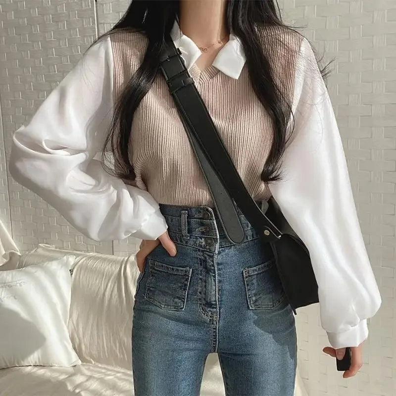 Summer Blouse Women Korean Style False Two-piece Polo Collar Blouses Y2k Tops Streetwear Loose Youth Pullovers Elegant Shirt.