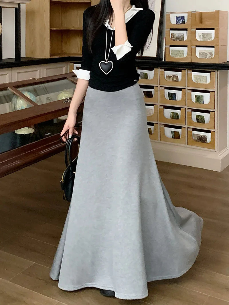 high quality Korean-style  trumpet skirt women waist fall  design knitted long skirt female.