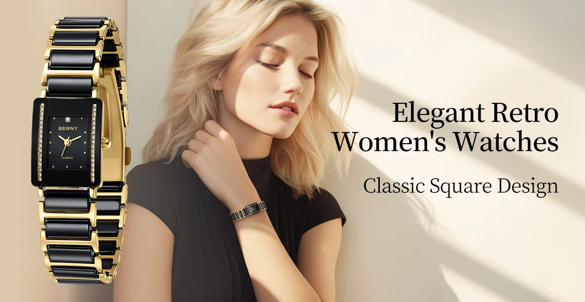 BERNY Ceramics Quartz Women Watch Fashion Rectangle Men/Women Wristwatch Bracelet Luxury Diamon Gold Couple Watches Gift Watches.