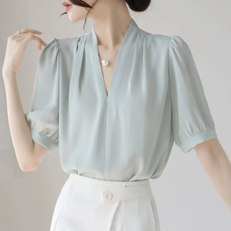 2025 Fashion Summer Short Sleeve V-Neck Women Blouse White Blouse Shirt Women Tops Blouses Shirts Blusas De Mujer Camisas P856.