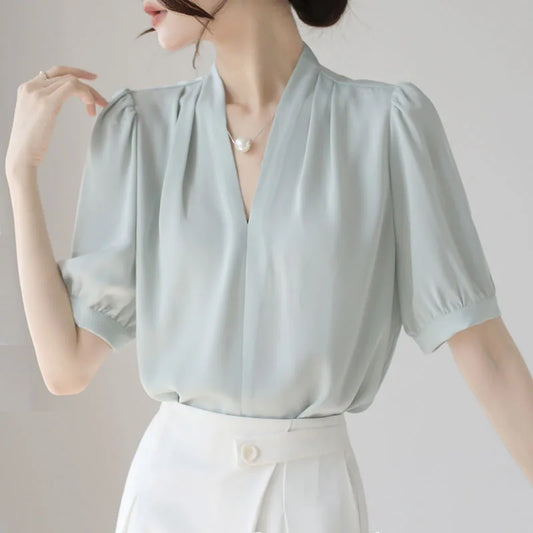 2025 Fashion Summer Short Sleeve V-Neck Women Blouse White Blouse Shirt Women Tops Blouses Shirts Blusas De Mujer Camisas P856.