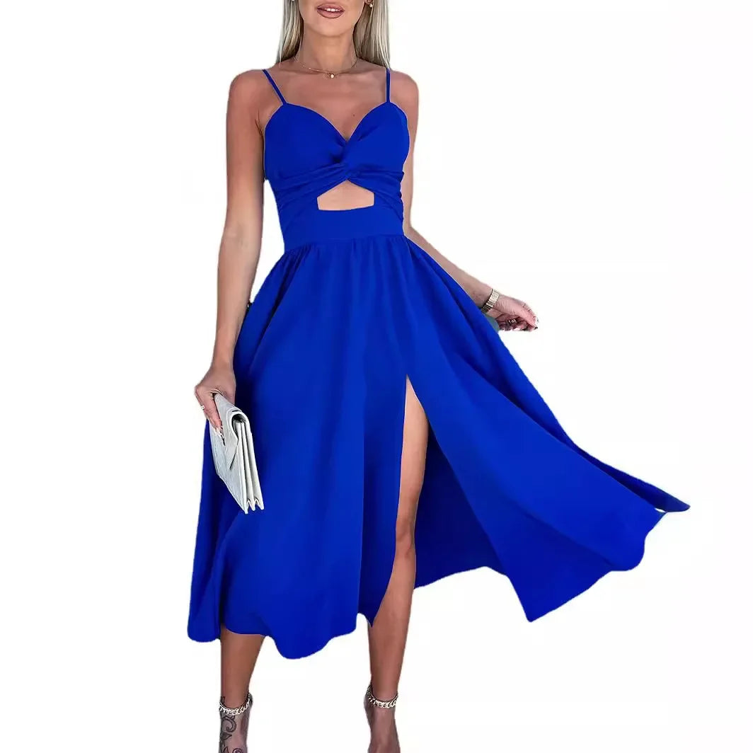 Damenbekleidung im neuen Stil von Amazon, Tank-V-Ausschnitt, großes Swoop-Kleid, schlank, dass Sie Ihre Silhouette glättet, mittellanges Kleid mit offenem Rücken.