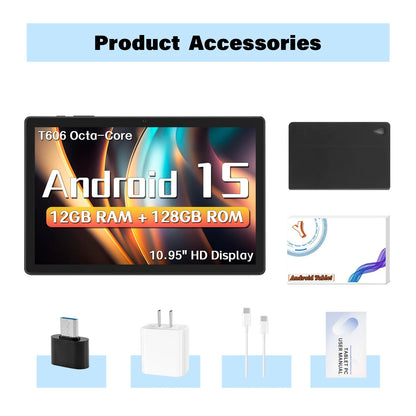 ANRY 10.95-inch HD Display Tablet Android 15 12GB RAM 128 ROM 2.4G/5G WiFi T606 Octa-Code 8000mAh Android Tablets with Case.