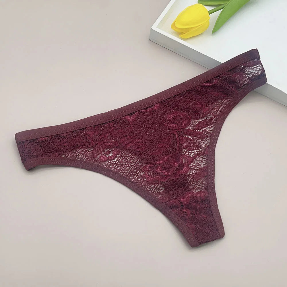 Moonflame 5Pcs Lace Cotton Thongs Underwear Lingerie For Women T-back Ladies Transparent G-string Girls Panties.