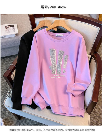 175kg plus size Damen büste Frühling Herbst loser Rundhals ausschnitt Langarm bedrucktes Sweatshirt schwarz lila 5xl 6xl 7xl 8xl 9xl.