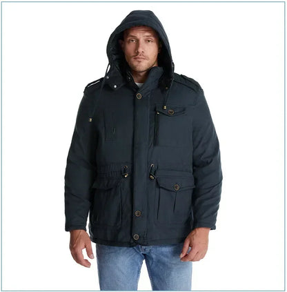 Men's Jacket WINTER USA SIZE Large SIZE Lamb Fleece JACKETS Hooded Cotton Thickened Multi Pocket Casual Mid length Coat