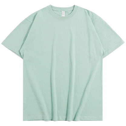 Summer Light Green Heavy Weight 300G Short Sleeved T-shirt Cotton  Men's Loose Casual Base Shirt Korean Tee Women's.