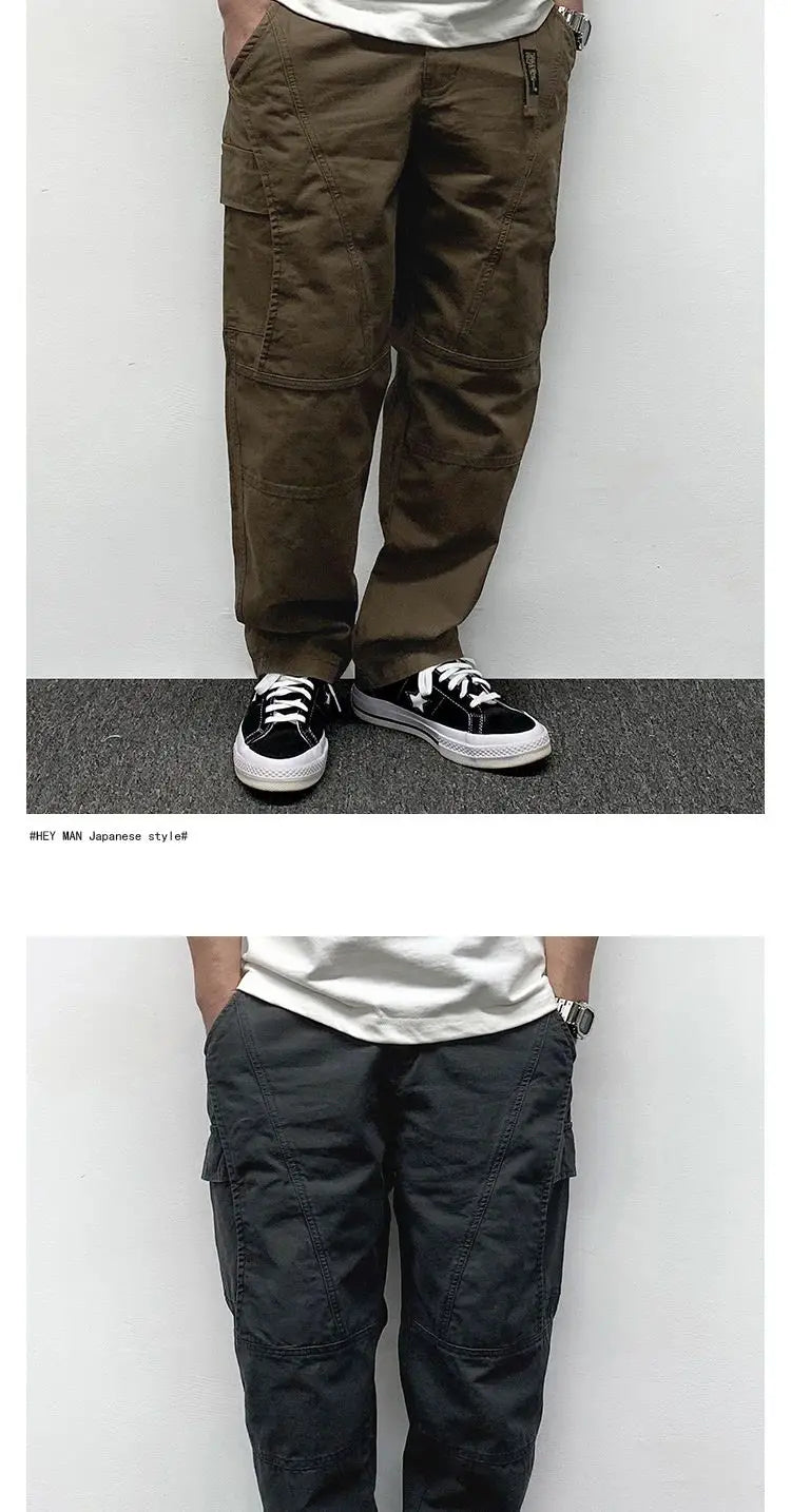 Autumn Men's Pants Multi-Pocket Cargo Pants Retro Solid Color Simple Loose Button Elastic Strap Casual Pants.