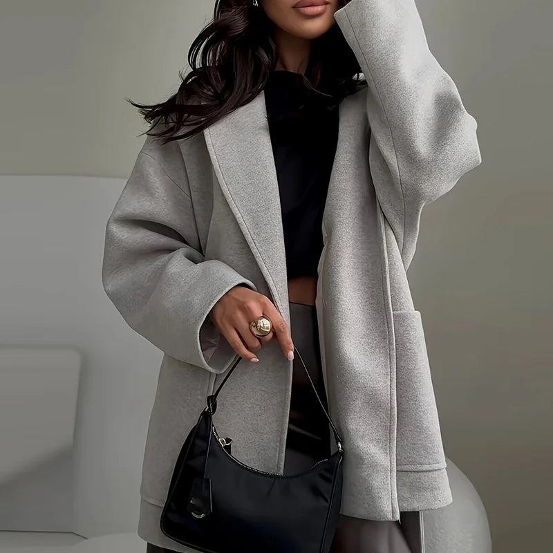 Herbst Winter Dicken Langen Ärmeln Woolen Mantel Einfache Feste Farbe Temperament Spitze Up Jacke frauen Revers Tasche Lose Oberbekleidung.