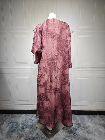 2025 sommer Arabisch Frauen Muslimische Kleidung Ramadan Dubai Offene Abaya Kleid mit Hijab Islam Gedruckt Chiffon 2 Stück Outfit
