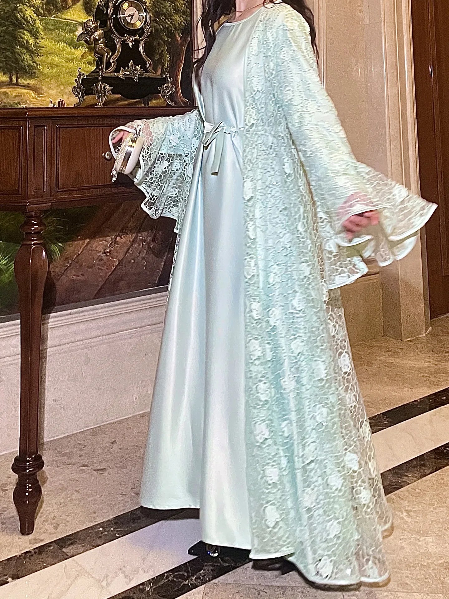 Muslim Women Abaya Dress 2 Piece Set Flare Sleeve Lace Sequin Satin Morocco Caftan Dress Musulman Ensembles Cadigan Outfit Suits.