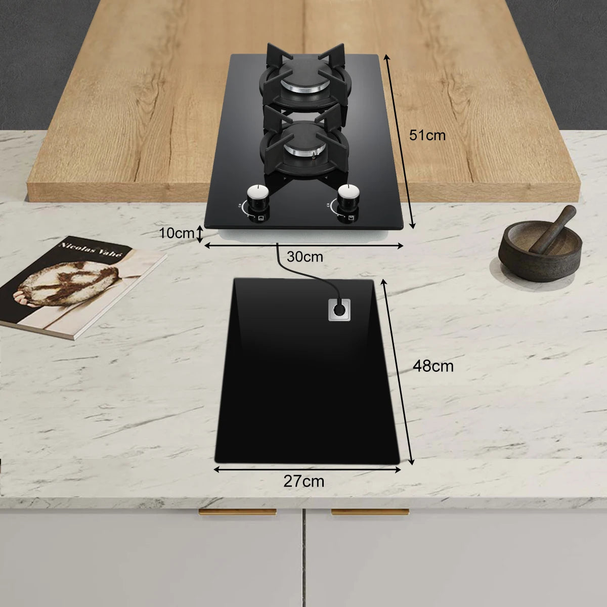 30cm Glass Gas Hob 2400W/1800W Dual Gas (Natural/Propane) Auto Flame Safety 2 LED Bulbs Built-in or Freestanding 220-240V CE.