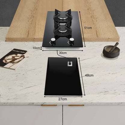 30cm Glass Gas Hob 2400W/1800W Dual Gas (Natural/Propane) Auto Flame Safety 2 LED Bulbs Built-in or Freestanding 220-240V CE.
