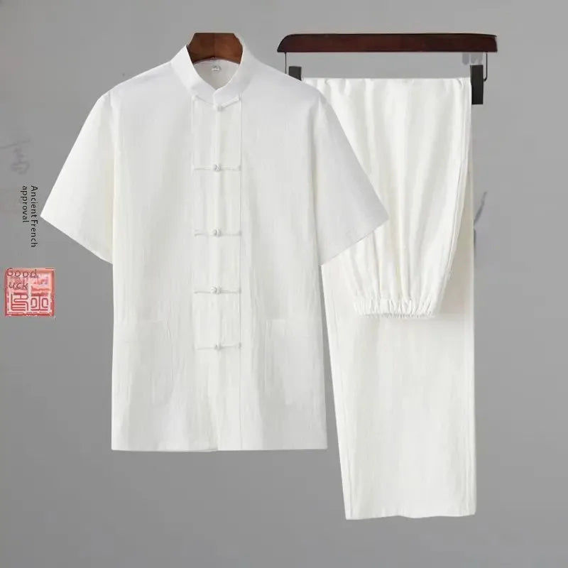 Traditional Chinese Men's Tang Suit Cotton Linen Ancient Costume Tea Servant Zen Meditation Clothing Middle Mountain Hanfu