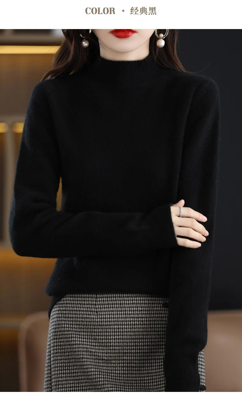 Herbst Winter Frauen Pullover Koreanische Mode Warme Bodenbildung Shirts Halb Hohe Kragen Grundlegende Strickwaren Solide Langarm Pullover