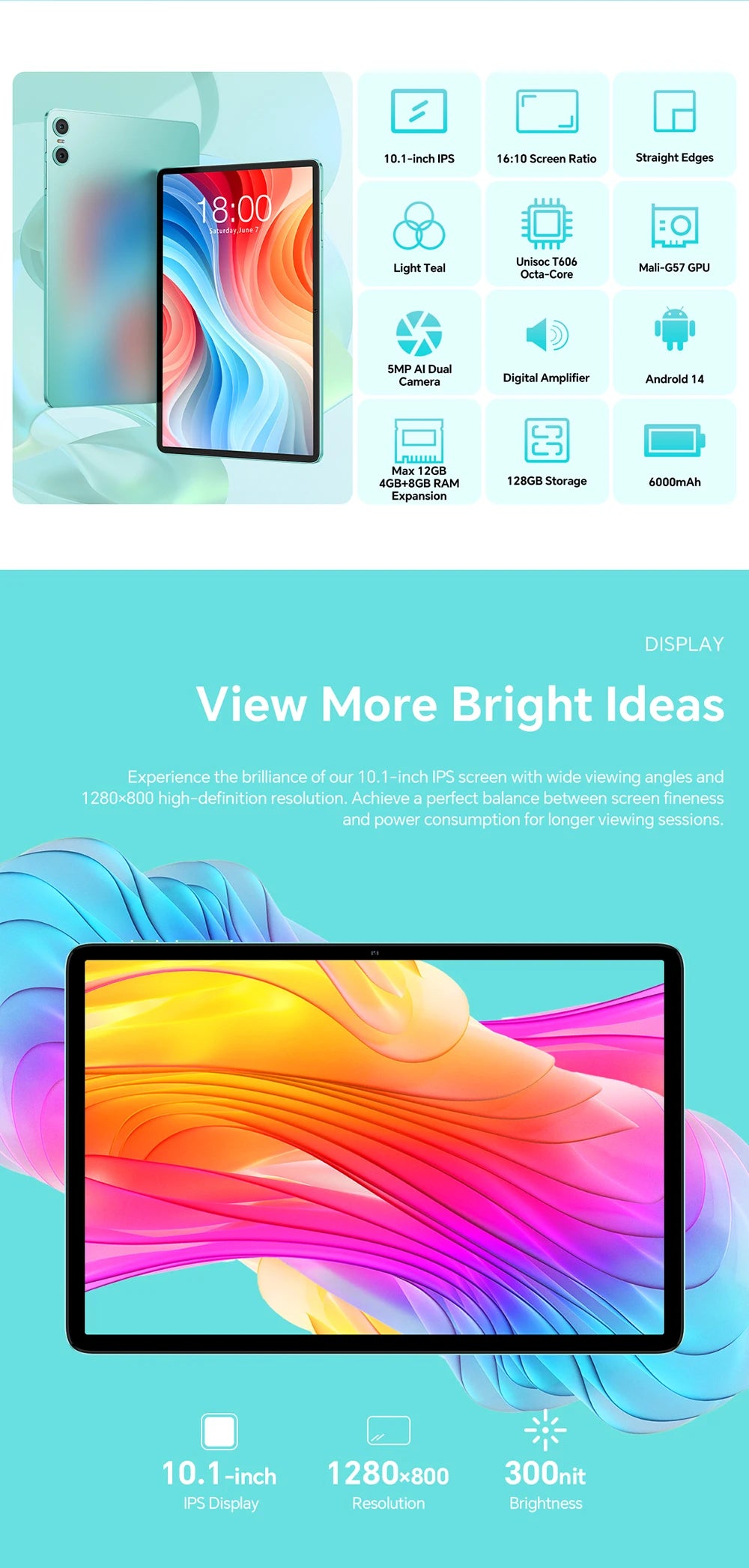 Odea A10 Tablet 10.1" IPS Android 14 T606 Octa-core Max 12GB(4GB+8GB) RAM 128GB ROM Type-C Widevine L1 Earphone Jack Face Unlock.
