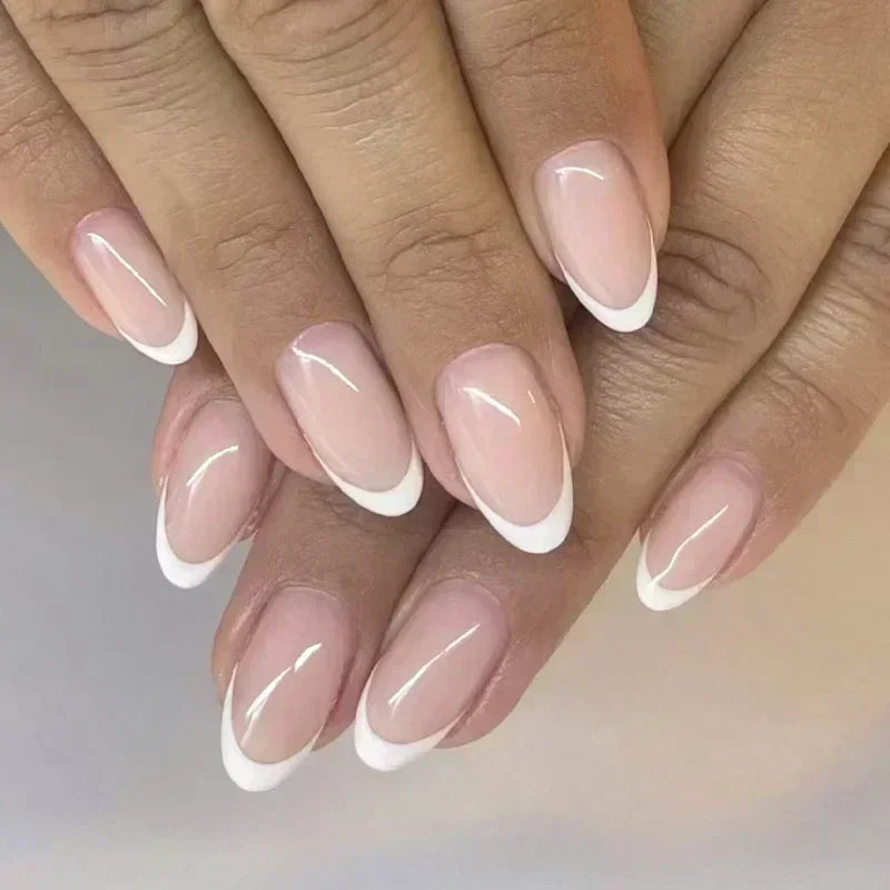 24Pcs French False Nails Almond Fake Nails with Glue Press on White Edge Design Wearable Simple Ins Pink Stiletto Nail Tips.