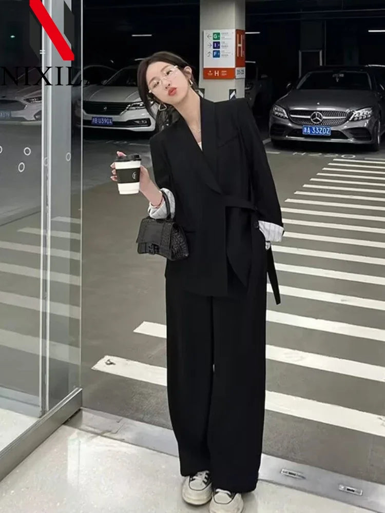 Women's Fashion Office Suit Set Casual Oversized Blazer And Wide Leg Pants Two-Piece Long Sleeve Top Bottoms Combo.