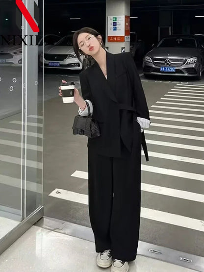 Women's Fashion Office Suit Set Casual Oversized Blazer And Wide Leg Pants Two-Piece Long Sleeve Top Bottoms Combo.