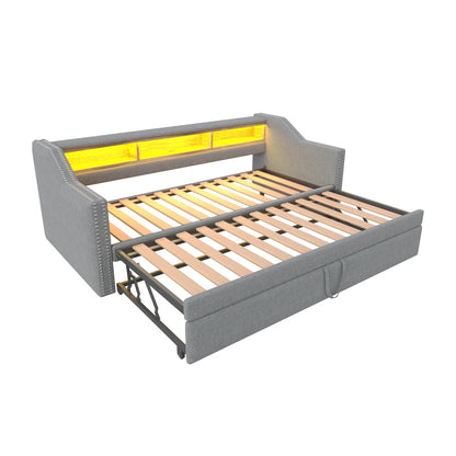 Ausziehbares Schlafsofa 90/180 x 190 cm, multifunktionales Aufbewahrungsfach, LED-Licht und USB-Buchse, mit Gitter, Dunkelgrau