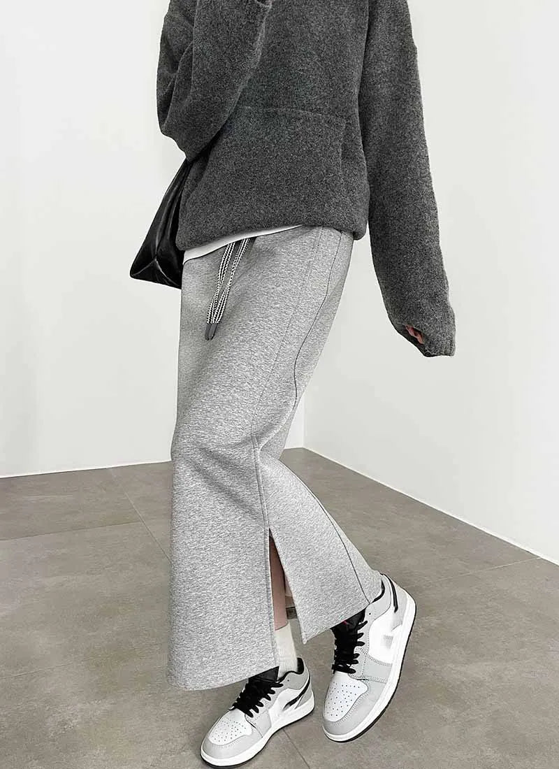 Women's Gray Split Midi Skirts Elasticity Waist Casual Loose Long Skirts Female Autumn Winter Thicken Plus Velvet Straight Skirt.