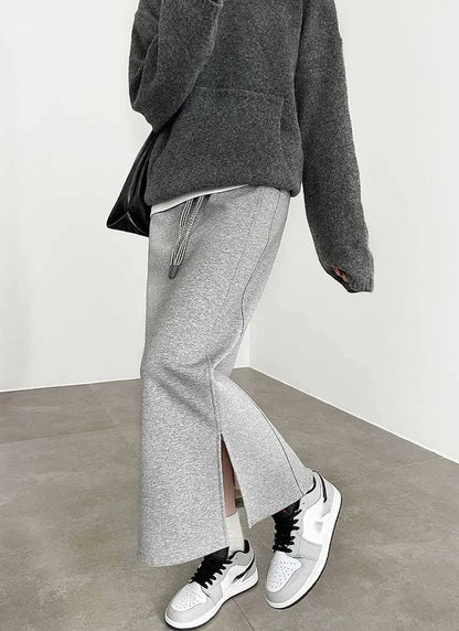 Women's Gray Split Midi Skirts Elasticity Waist Casual Loose Long Skirts Female Autumn Winter Thicken Plus Velvet Straight Skirt.