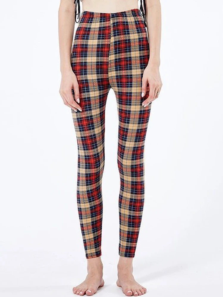 CUHAKCI Mode Plaid Druck Leggings Frauen Sexy Fitness Leggins Grid Floral Streifen Hosen Hohe Taille Bleistift Hosen