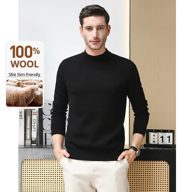 High End 100% Wool Thick New Autum Winter Fashion Brand Pullover Knit Half Turtleneck Business Sweater Casual Men Clothing