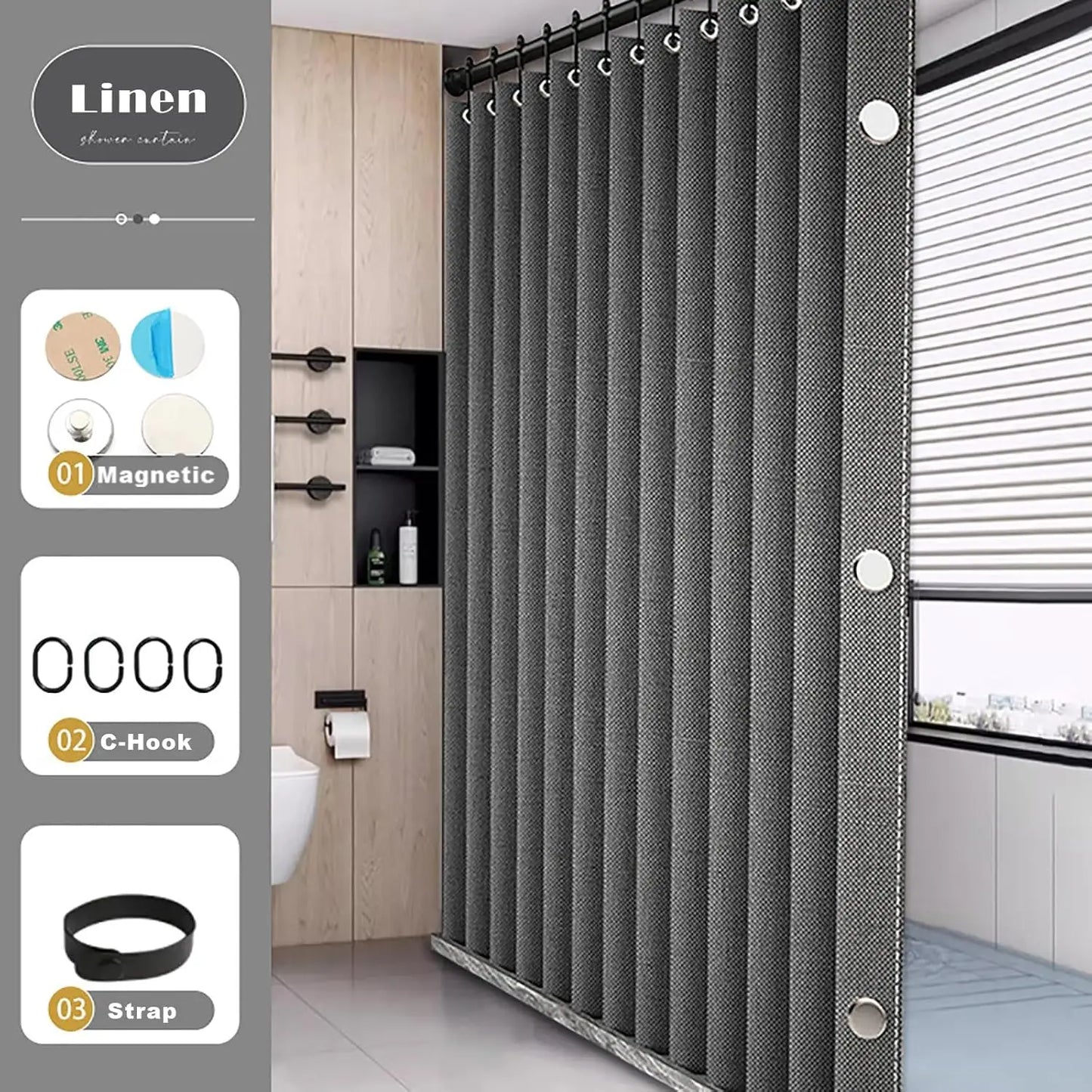 Badezimmer Faltbarer Duschvorhang aus Leinen mit Magneten, wasserdicht, geeignet für begehbare Duschen, Teleskopstange nicht im Lieferumfang enthalten