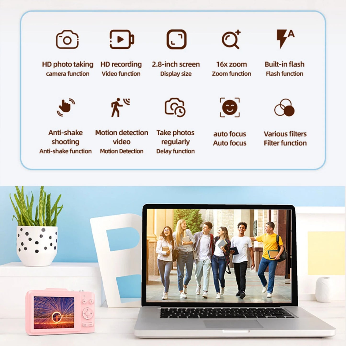 2.8 "digital camera with 64G card, 48MP, 16x zoom, HD video, selfie timer, student camera, USB, for children, students or travel.