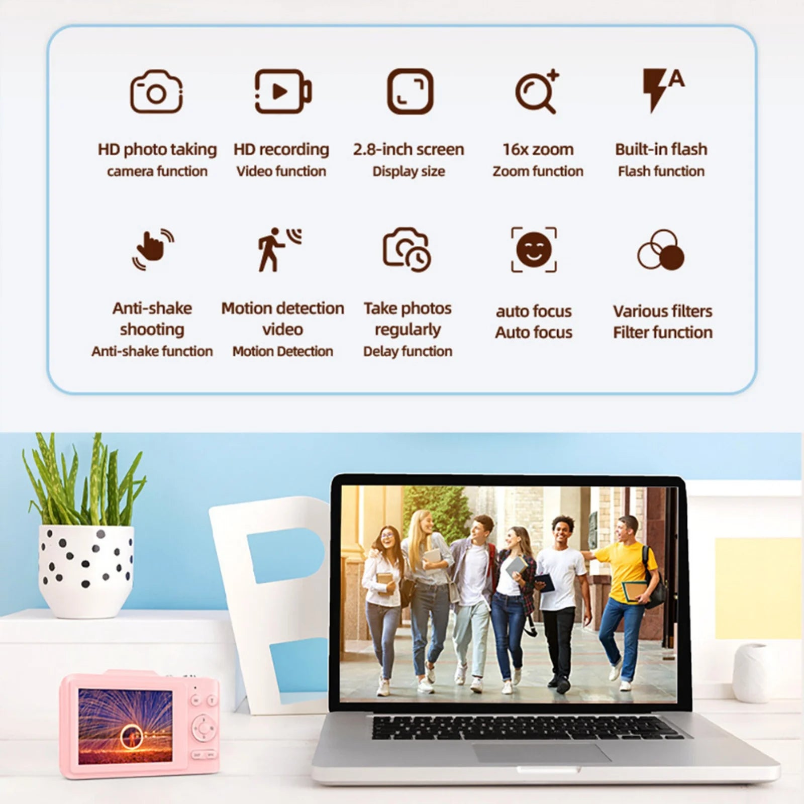 2.8 "digital camera with 64G card, 48MP, 16x zoom, HD video, selfie timer, student camera, USB, for children, students or travel.