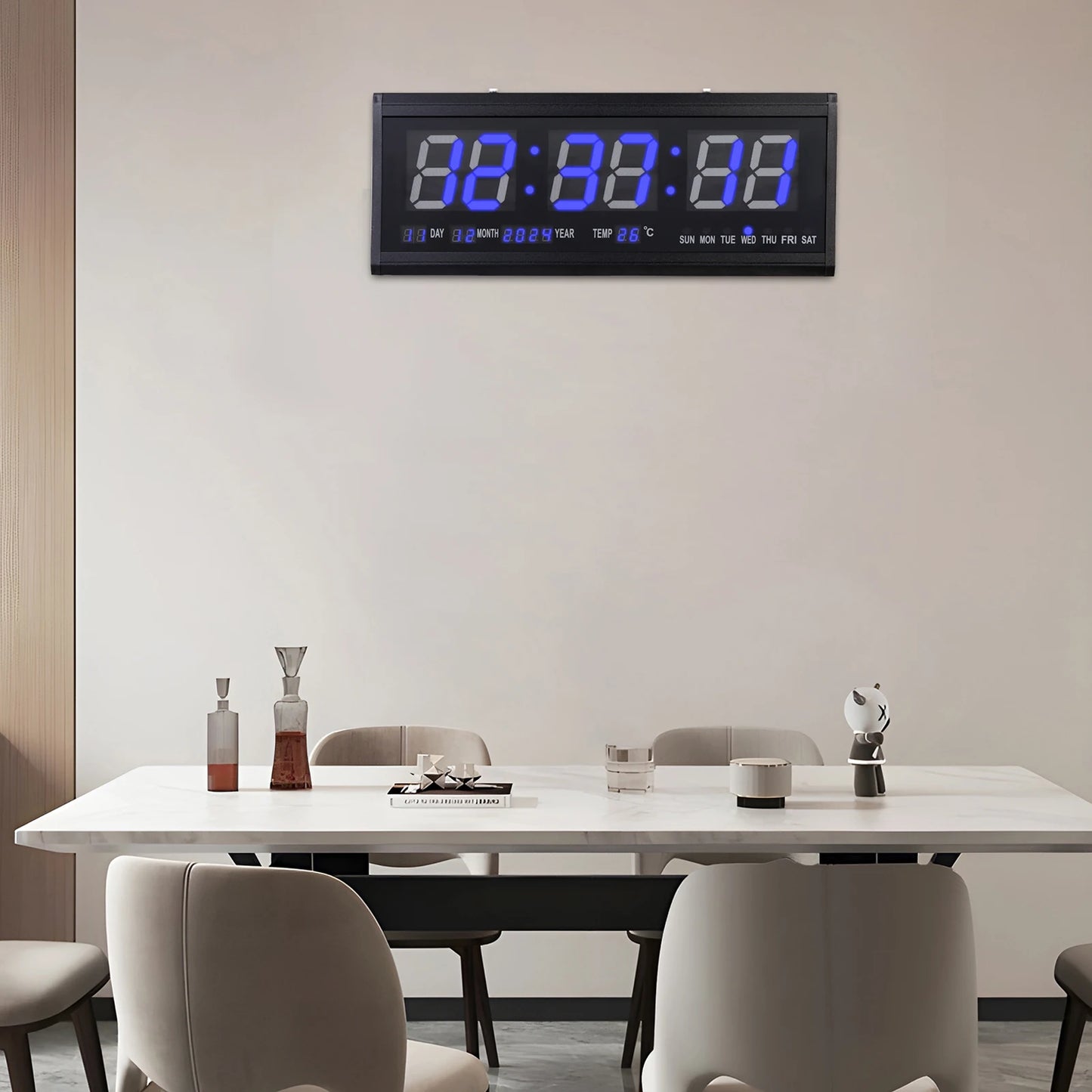 220 V große LED-Digital-Wanduhr, Zeit, Temperatur, Datum, Woche, Anzeige, automatischer Dimmer, leuchtende, leise Tischuhr, Wanduhr, 48 x 19 cm