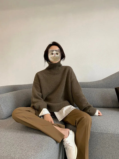 2023 Autumn and Winter New Thick  Sweater Women High Neck Pullover Sweater Warm Loose Knitted Base Sweater Jacket Tops