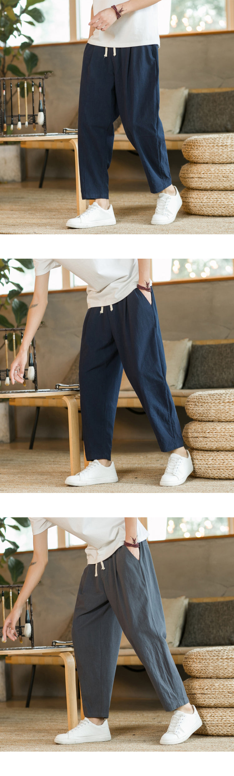 Men's Trousers Cotton Linen Fashion Casual Pants Solid Color Breathable Loose Shorts Straight Drawstring Pants Streetwear Men.