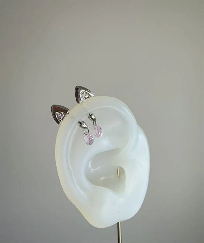 Silver Color Cat's Ear Droplet Shaped Zircon Stainless Steel Ear Bone Nail Earring for Women New Trendy Body Piercing Accessorie.
