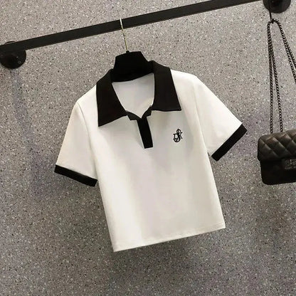 Women's Polo Neck Tee Shirts Dry Fir Top High Quality Pullover Short Sleeve T Shirt Wholesale Aesthetic Y2k Fashion Skinny White.