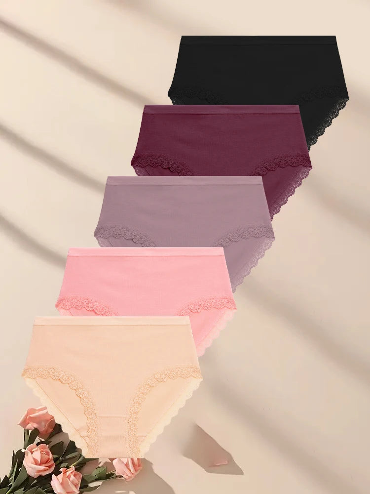 FINETOO 5Pcs Women Cotton Lace Underwear Sexy Seamless Breathable Panties Plus Size Mid-Waist Briefs Female Solid Soft Lingerie