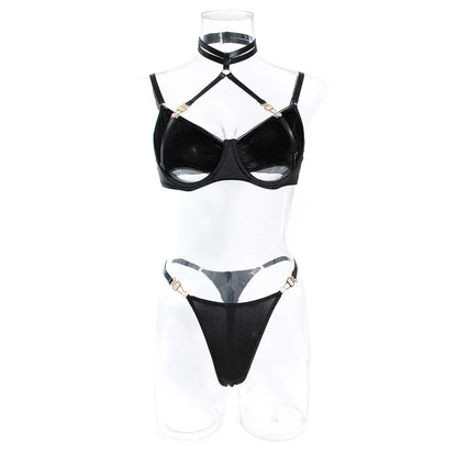 Cut Out Bra and Brief Velvet Erotic Set Women 2-Piece Halter Underwear Patchwork Thong Intimates Sexy Lingerie Pornos Suit Latex